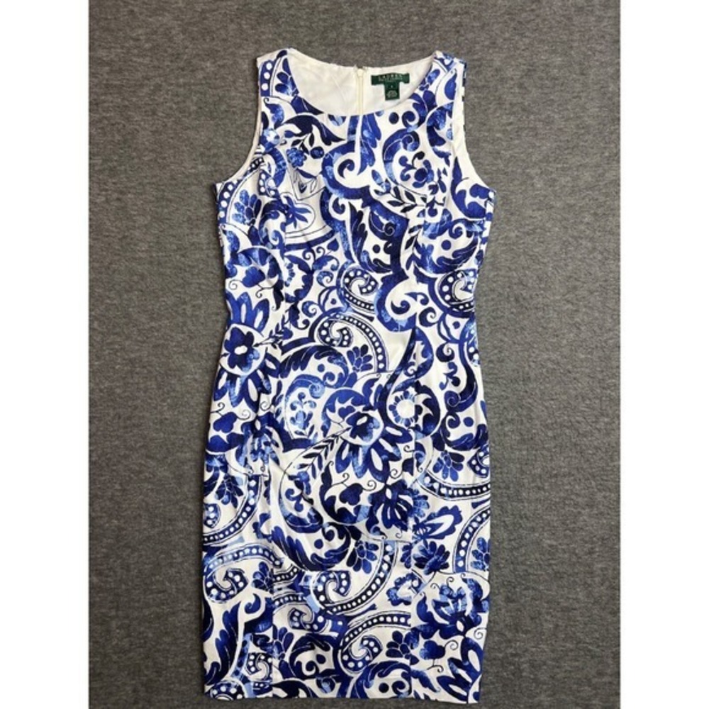 Lauren Ralph Lauren Blue White Paisley Floral Sheath Dress Sz 6 Stretch Cotton - Picture 1 of 12